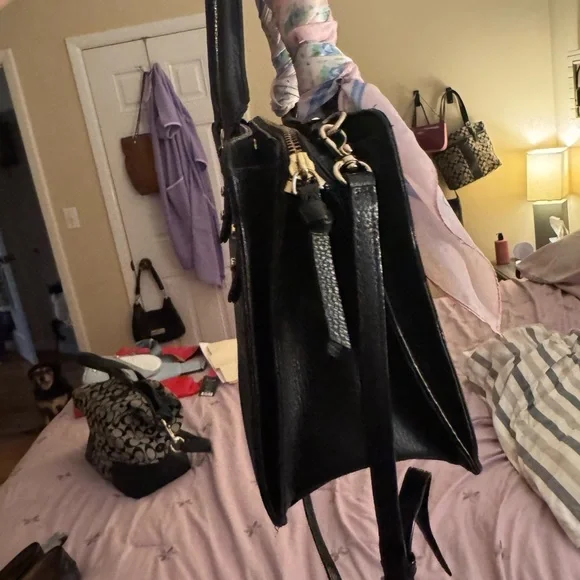 kate spade black leather satchel with pink scarf-wrapped handle - Picture 4 of 6